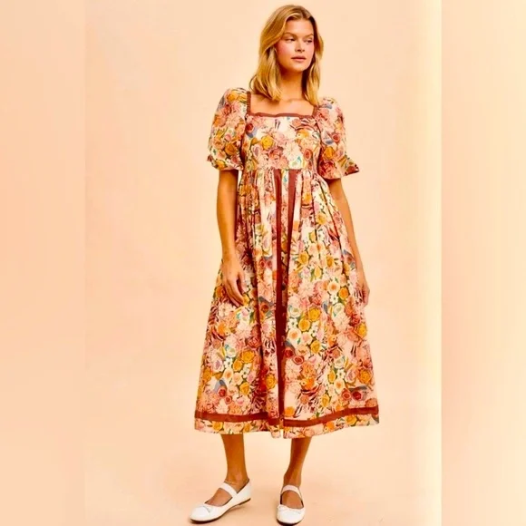 IN LOOM Floral Puff Sleeve Midi Dress | NWT | Cottagecore |Square Neck | S - L - Picture 16 of 16